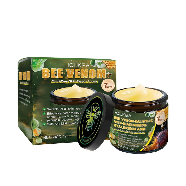 Jar of skin soothing cream with bee venom and mint leaves ingredients