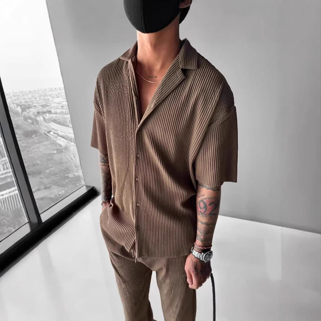 Mens Solid-Color Short-Sleeve Casual Cardigan Shirt