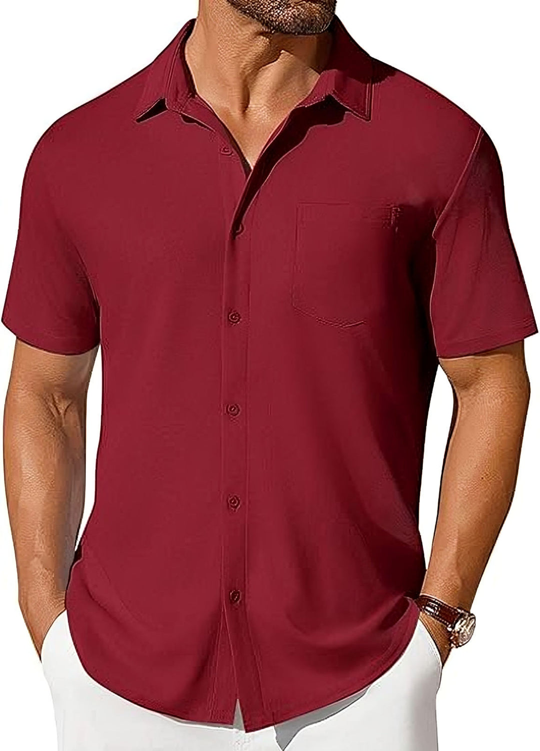 Mens Short-sleeve Button-up Wrinkle- And Crease-resistant Shirt