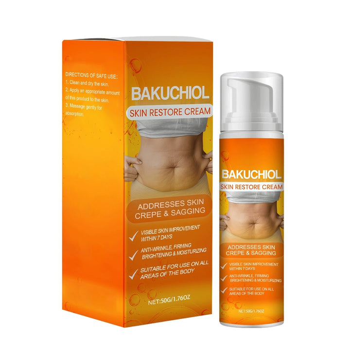 Bakuchiol Skin Restore Cream tube with natural ingredient elements background