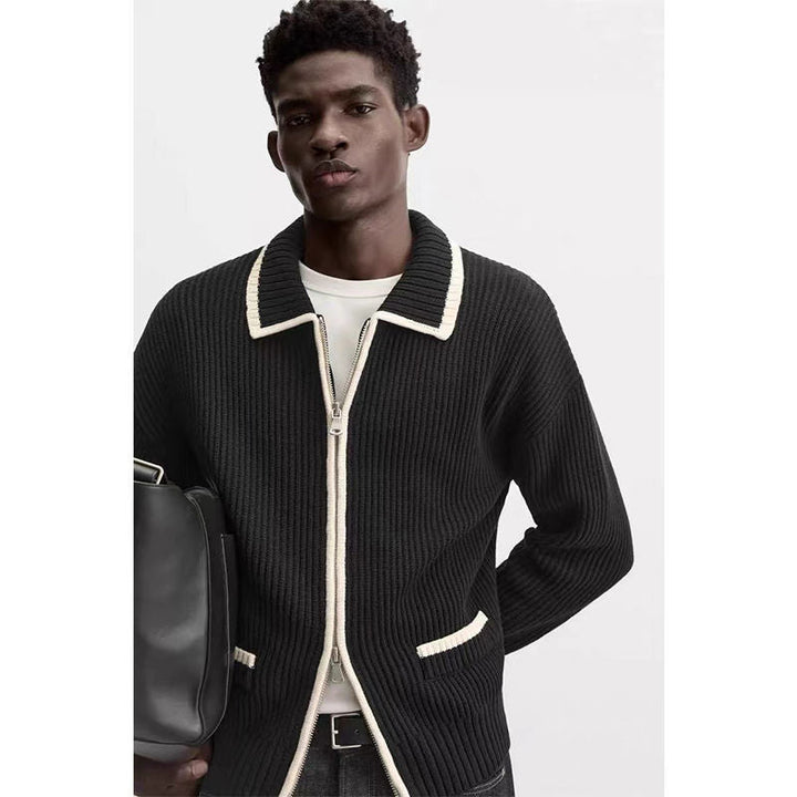 Men's black contrast color fashion zipper cardigan sweater with rabbit fur and modal fabric