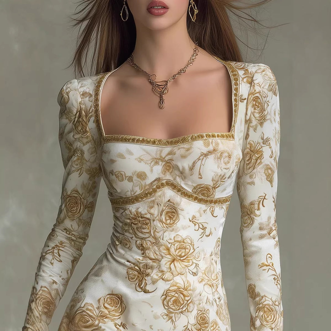 French Retro Floral Print Square-Neck Backless Dress