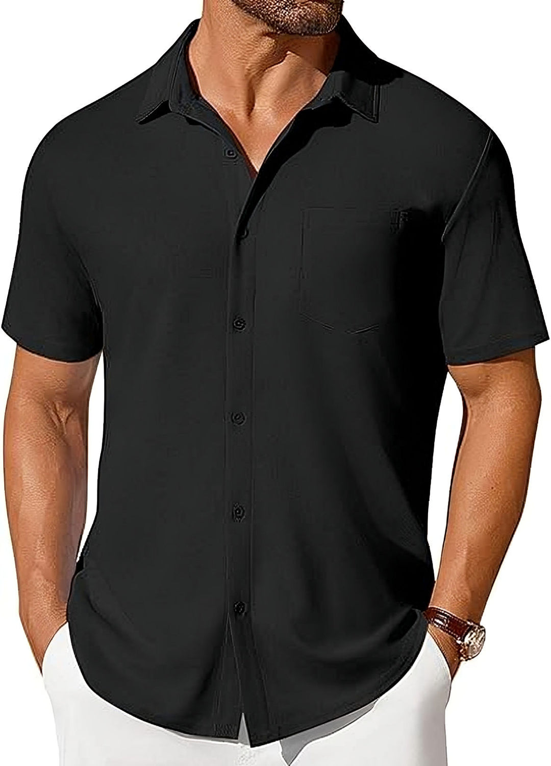 Mens Short-sleeve Button-up Wrinkle- And Crease-resistant Shirt