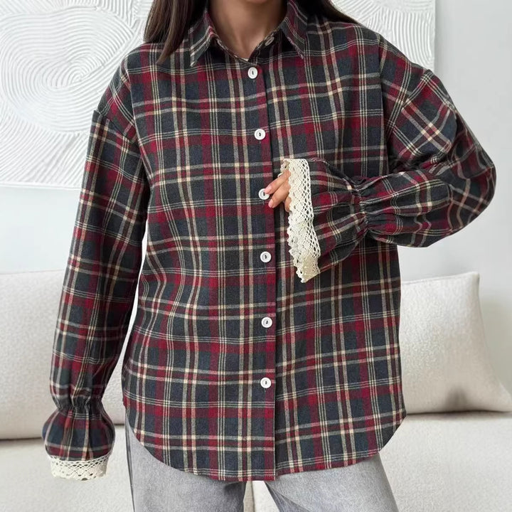 Womens Retro Loose-Fit Plaid Shirt