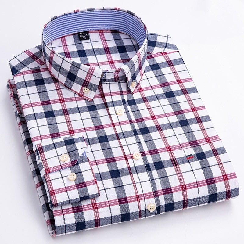 Middle-aged men's long sleeve pure cotton plaid shirt in casual style