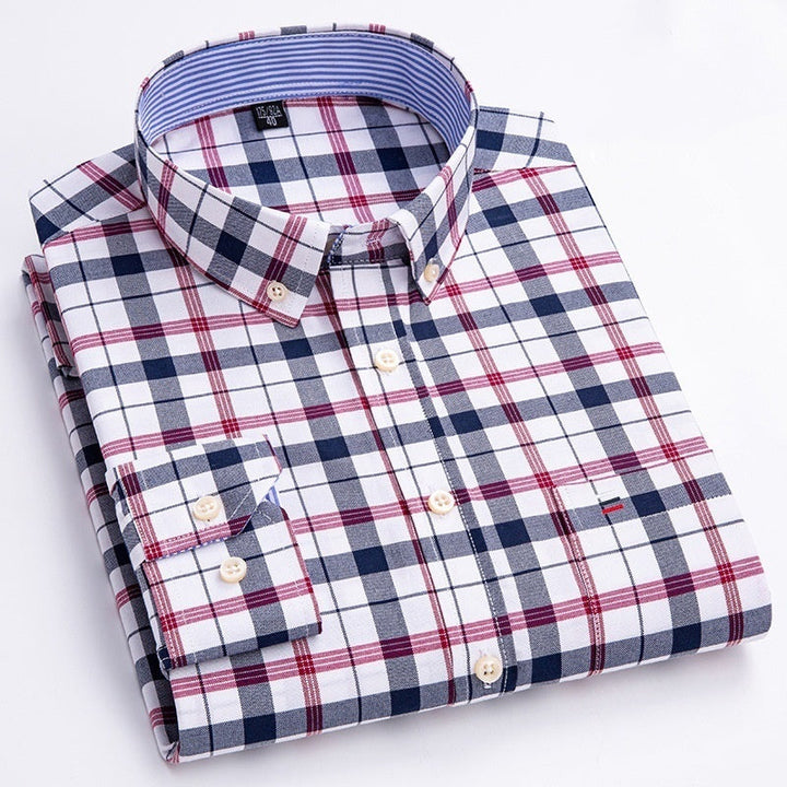 Middle-aged men's long sleeve pure cotton plaid shirt in casual style