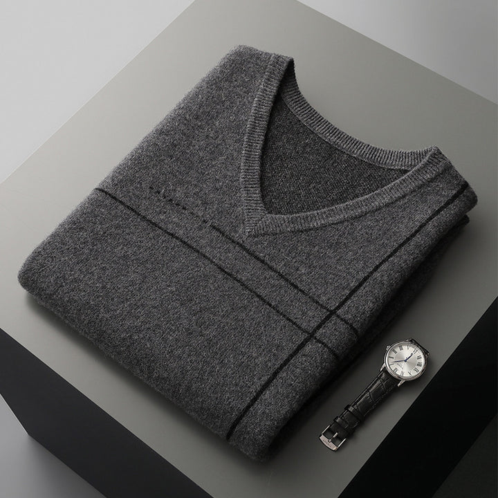 Men's Striped Pullover V-neck Knitted Sleeveless Pure Wool Top