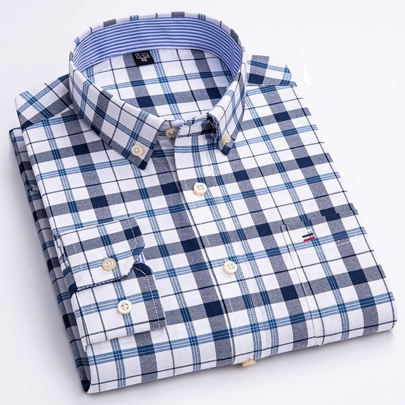 Middle-aged men's long sleeve pure cotton plaid shirt casual spring wear