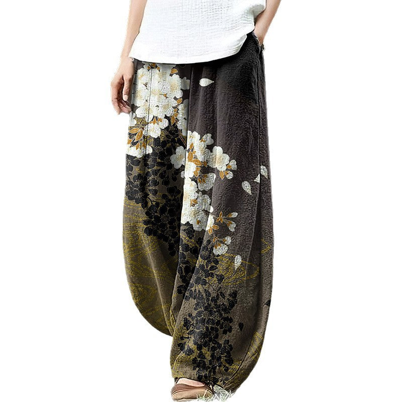 Womens Retro Artistic Floral Print Casual All-Match Pants