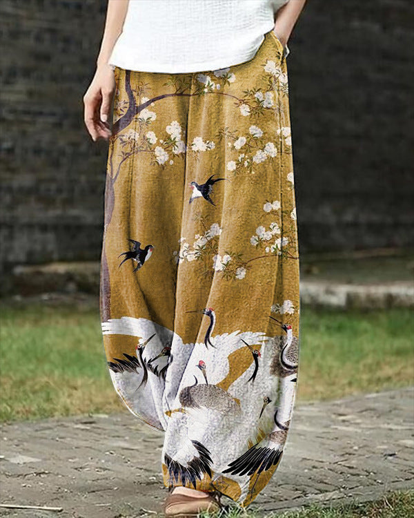 Womens Retro Artistic Floral Print Casual All-Match Pants