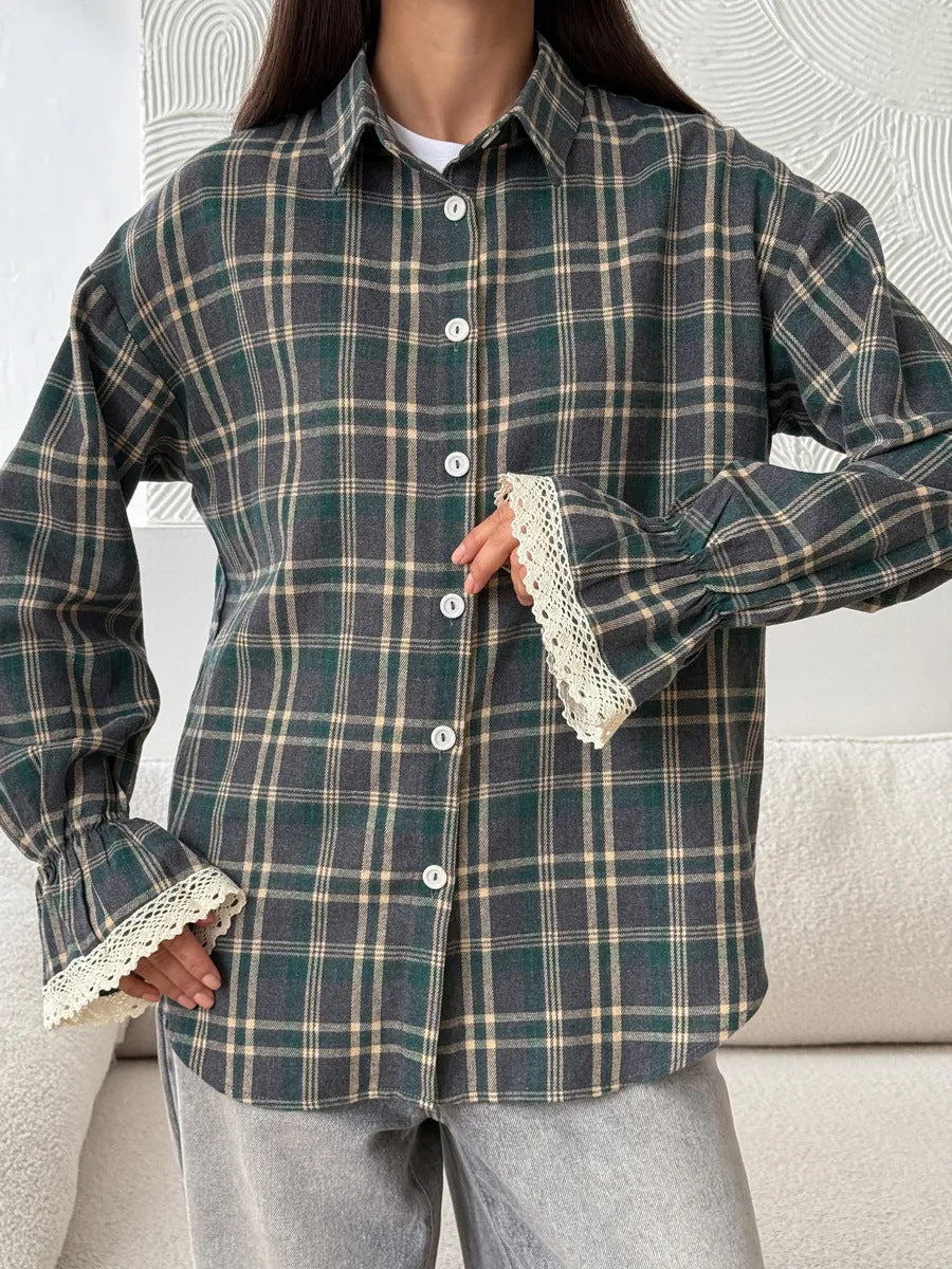 Womens Retro Loose-Fit Plaid Shirt