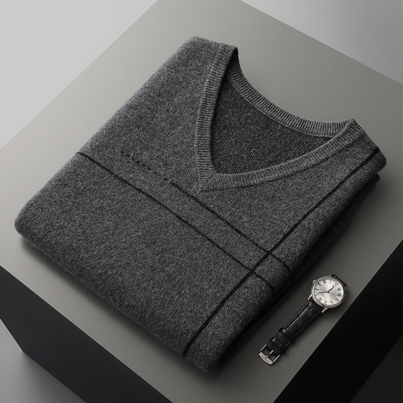 Men's Striped Pullover V-neck Knitted Sleeveless Pure Wool Top