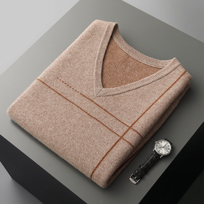 Men's Striped Pullover V-neck Knitted Sleeveless Pure Wool Top