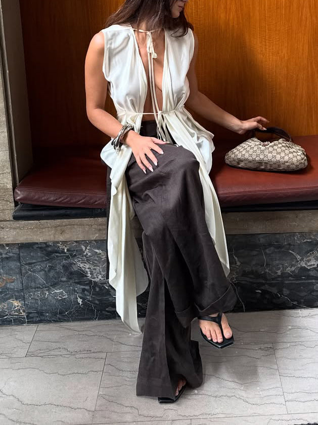 Cream Satin Tie Detail Sleeveless Draped Tunic Top