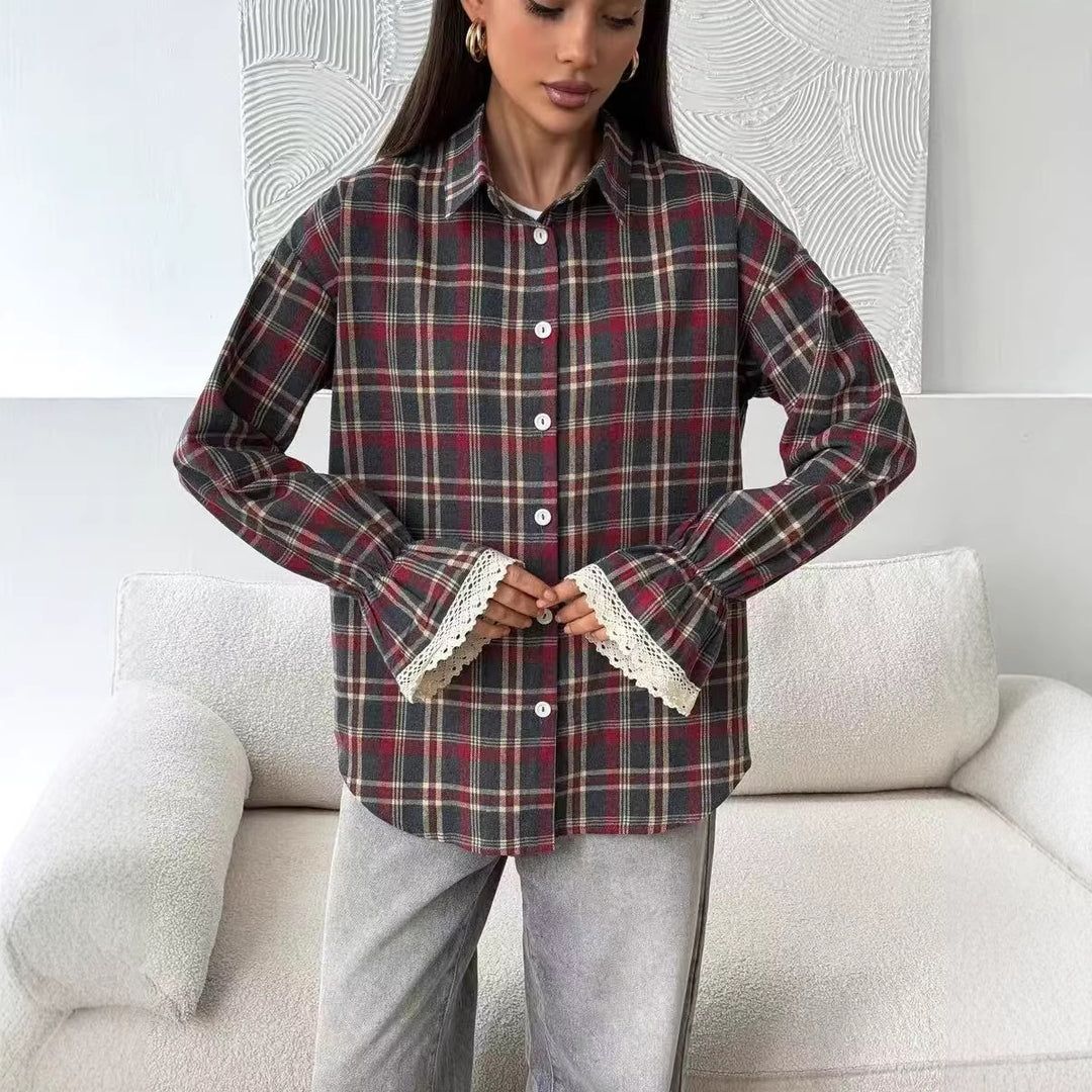 Womens Retro Loose-Fit Plaid Shirt