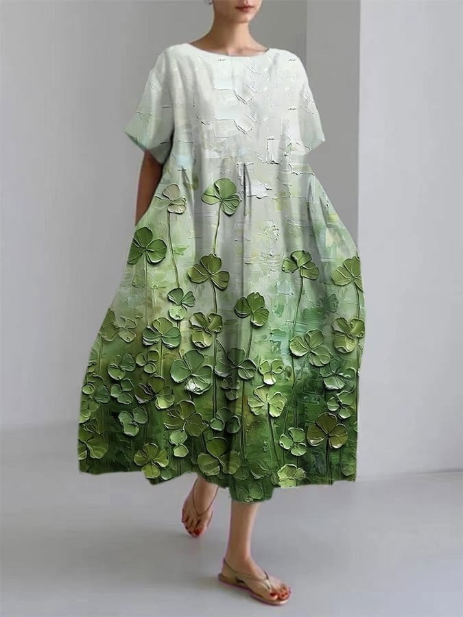 Womens 3D-printed Loose-fit Short-sleeve Dress