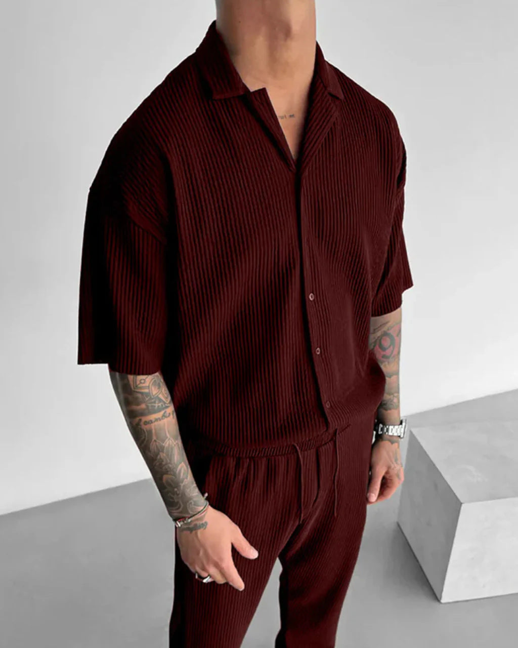 Mens Solid-Color Short-Sleeve Casual Cardigan Shirt