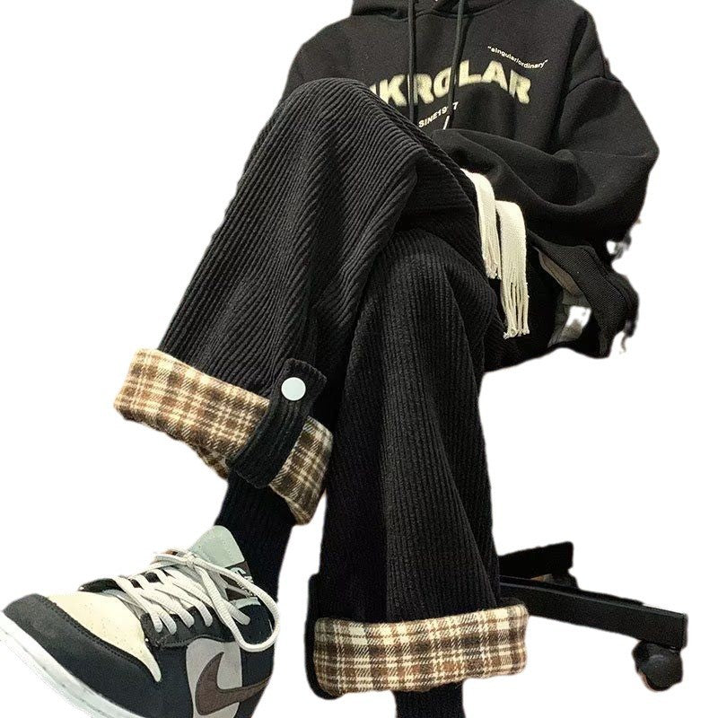 Plaid-cuffed Straight-leg Loose-fit Vintage Mens Casual Trousers