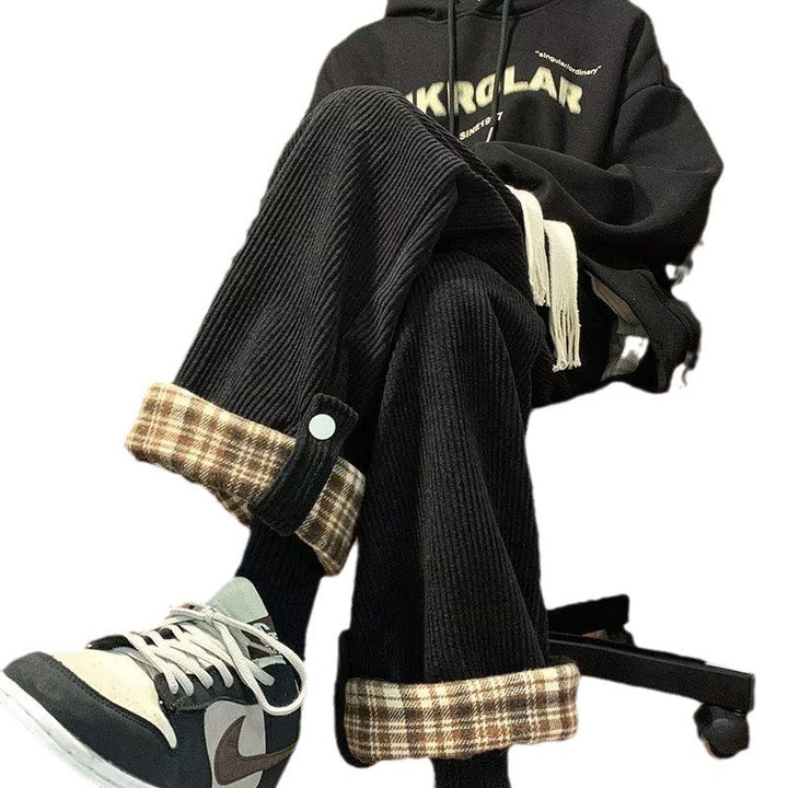 Plaid-cuffed Straight-leg Loose-fit Vintage Mens Casual Trousers