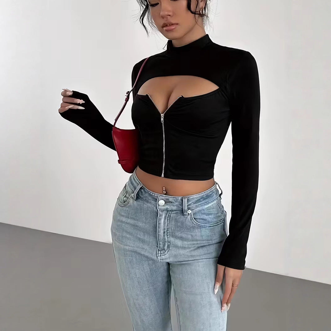 Elegant High-neck Zip-up Long-sleeve Stretch Top