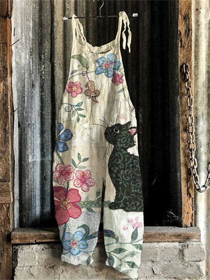 Womens Retro Sleeveless Jumpsuit With Floral Print And Suspender Straps